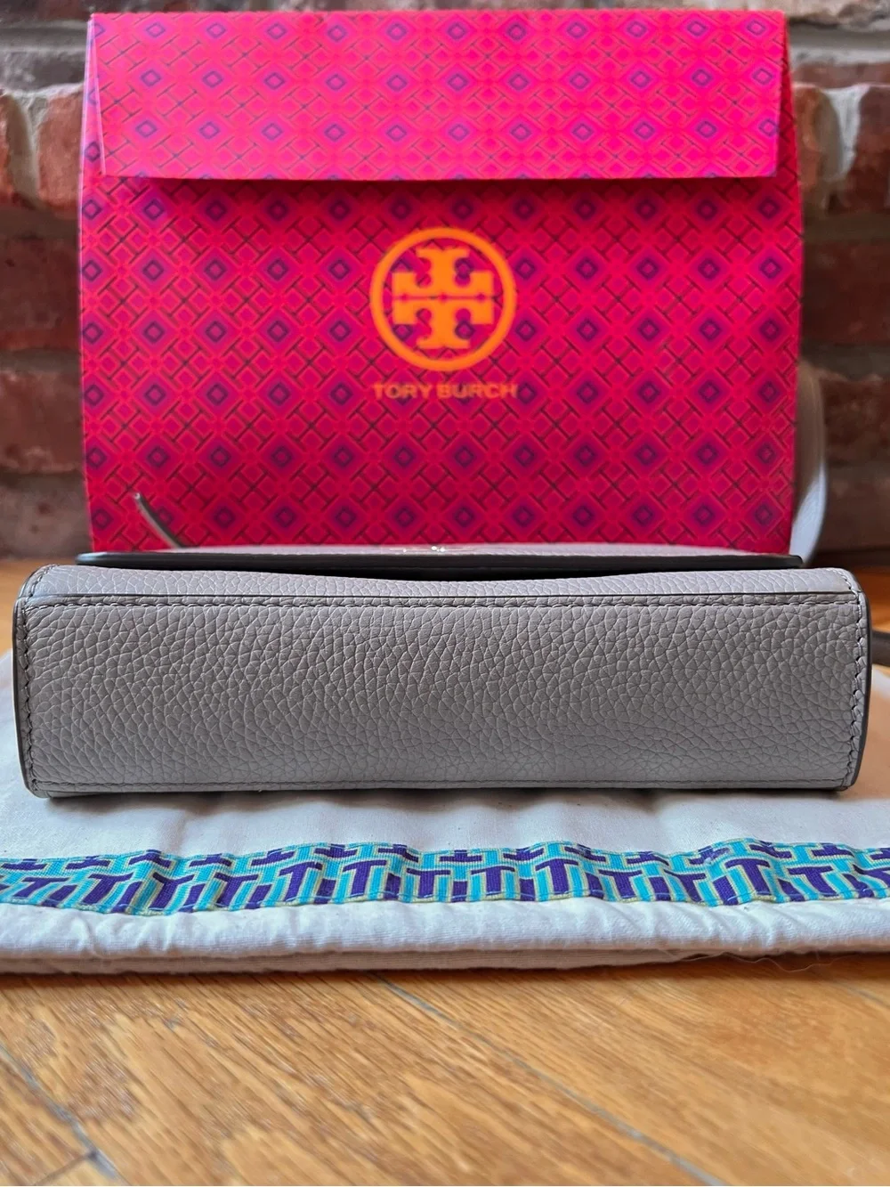 Tory Burch French Gray Leather Britten Combo Crossbody Bag & Bifold Wallet Set